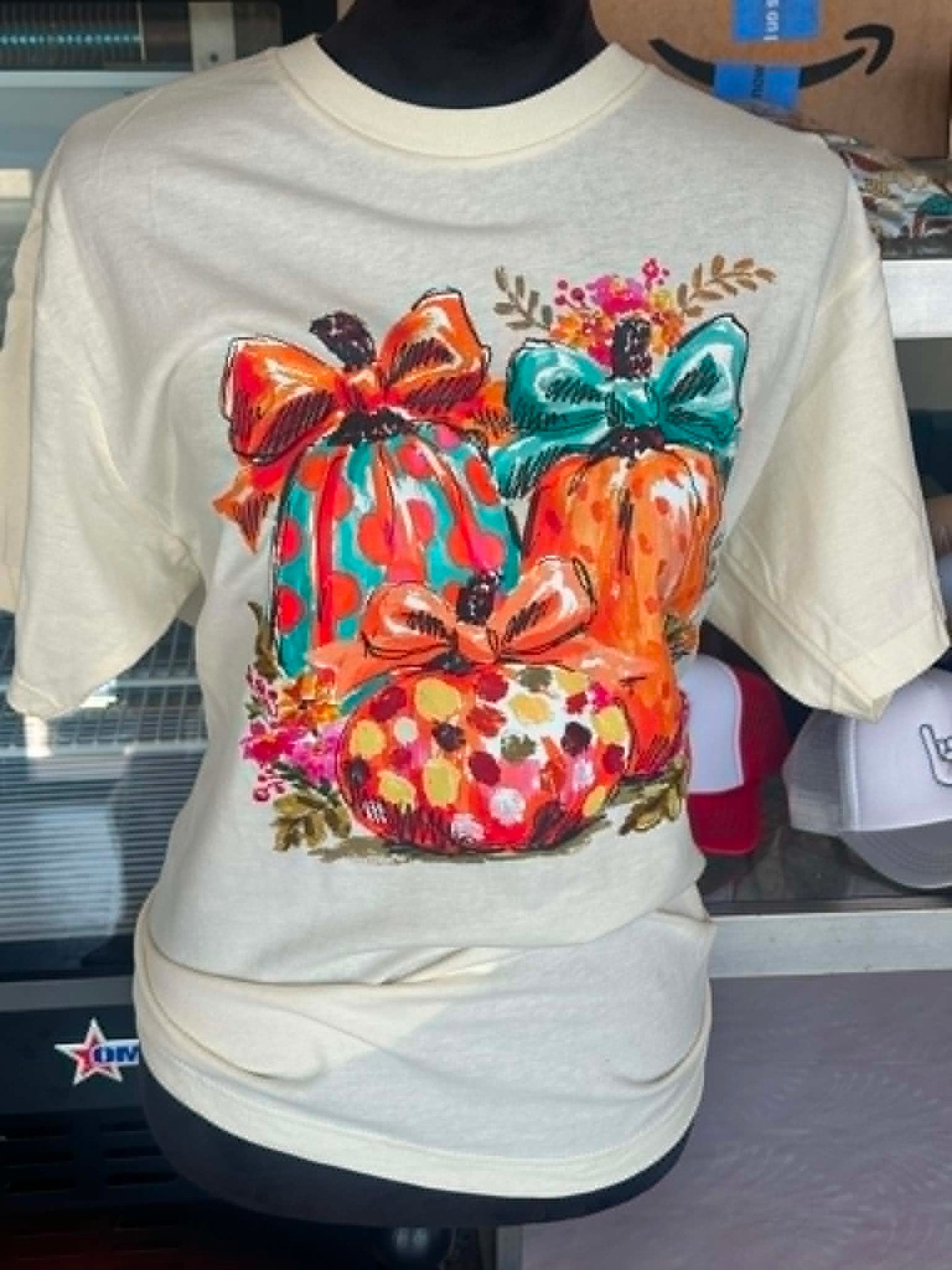 Ivory tee with painted fall pumpkins and bows
