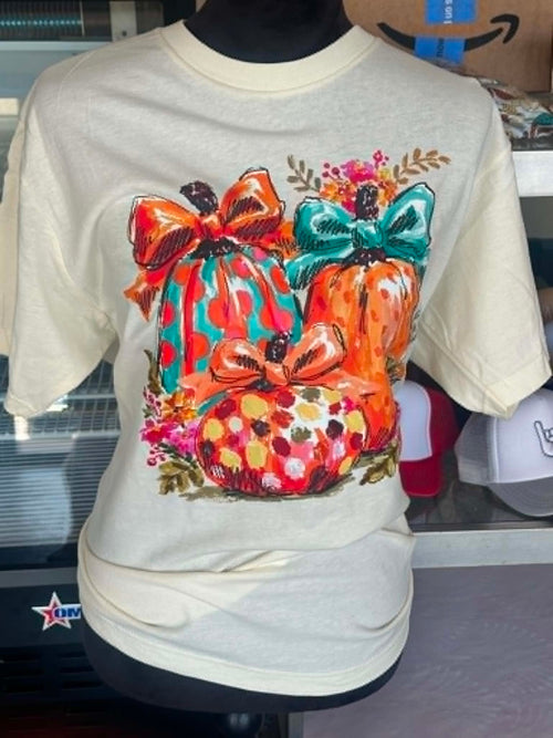 Ivory tee with painted fall pumpkins and bows